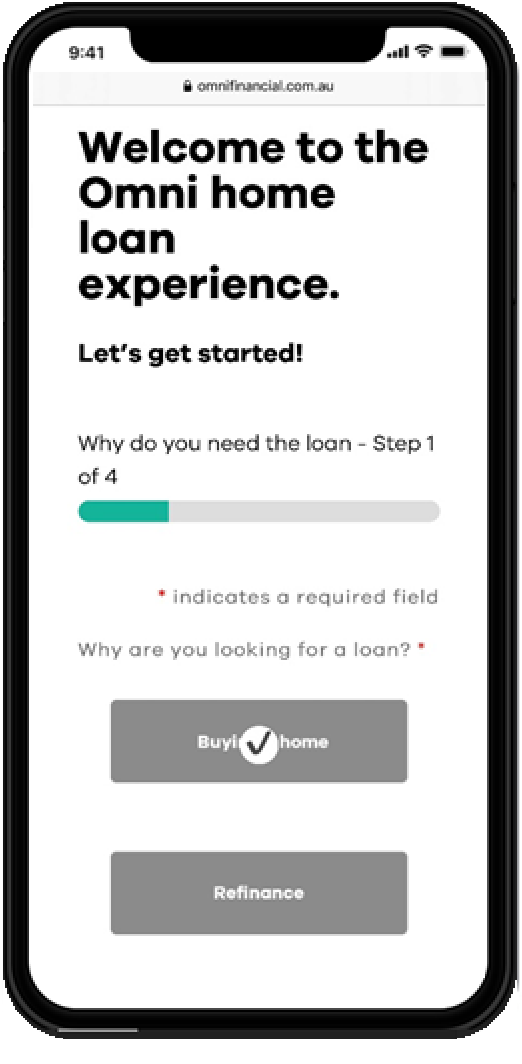 Mobile phone screen showing first page of online home loan application